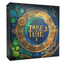 Caja del juego Take Time diseño azul y verde con reloj central y logotipo Libellud
