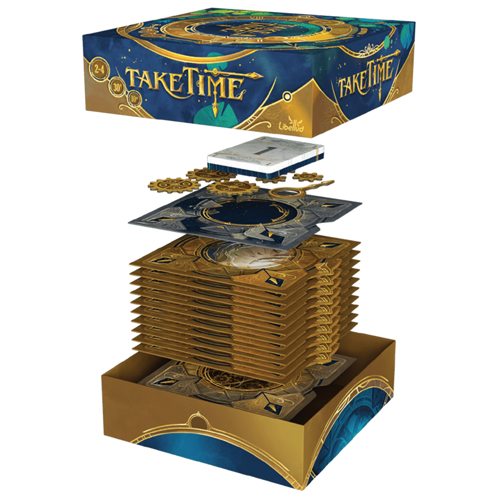 Contenido del juego Take Time mostrando caja, engranajes dorados y cartas decorativas