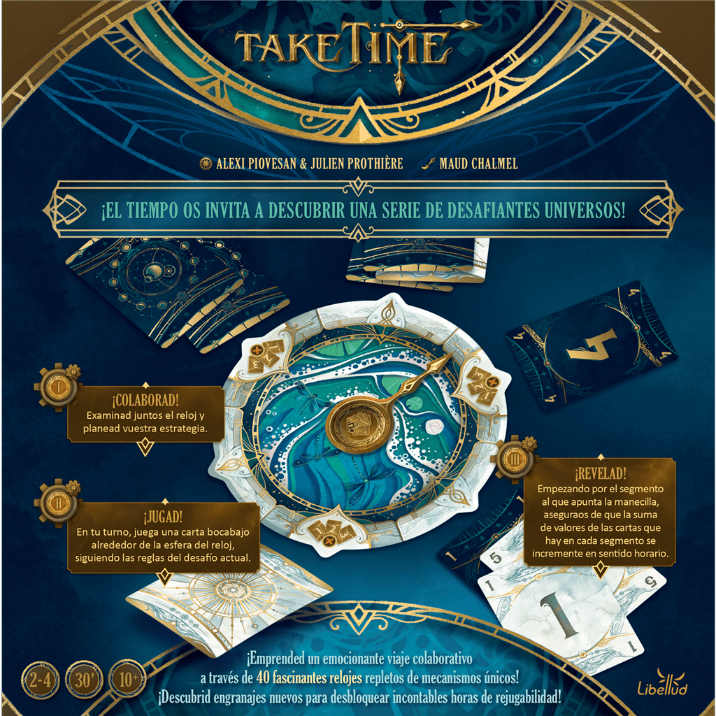 Juego de mesa cooperativo Take Time con tablero reloj y cartas astronómicas para 2-4 jugadores