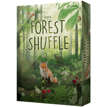 Caja del juego de mesa Forest Shuffle con ilustración de bosque, zorro rojo y ciervo