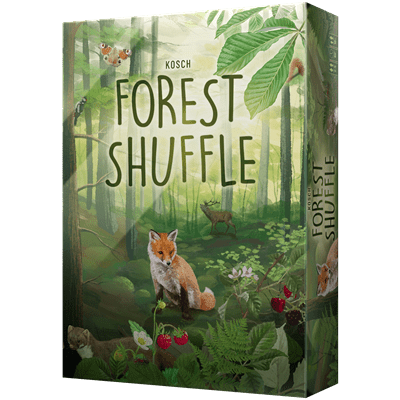 Caja del juego de mesa Forest Shuffle con ilustración de bosque, zorro rojo y ciervo