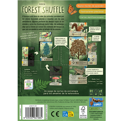 Dorso caja juego Forest Shuffle con reglas fáciles e ilustraciones naturales