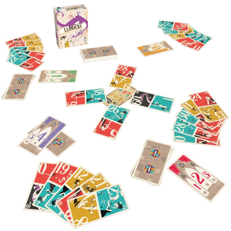 Contenido completo del juego de cartas Lloricas: cartas, caja y fichas