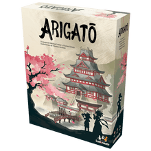 Caja del juego de mesa Arigatō con ilustración de castillo japonés y flores de sakura