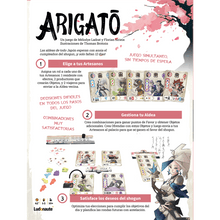Panel de reglas del juego Arigatō explicando mecánicas y componentes en español