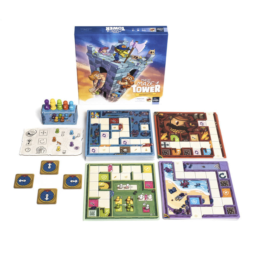 Juego de mesa cooperativo Magic Maze Tower con tableros de colores y fichas