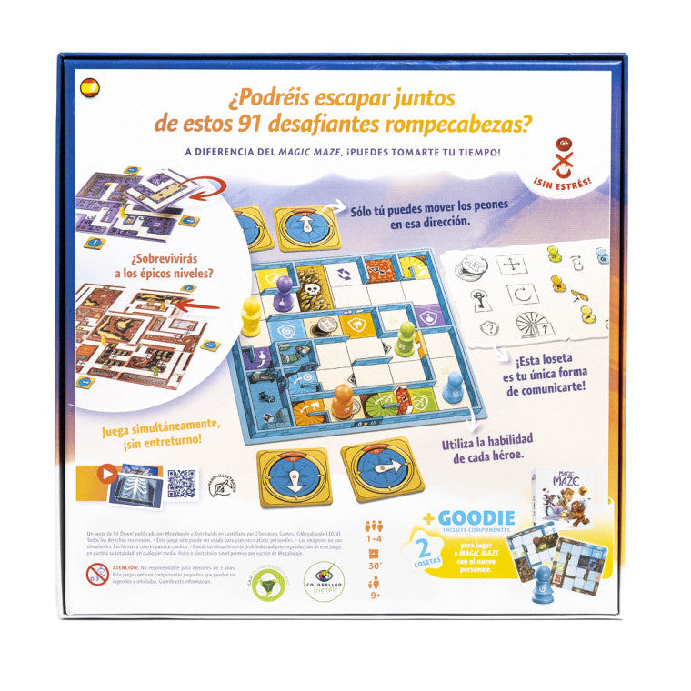 Parte trasera caja Magic Maze Tower, 91 desafíos para 1-4 jugadores