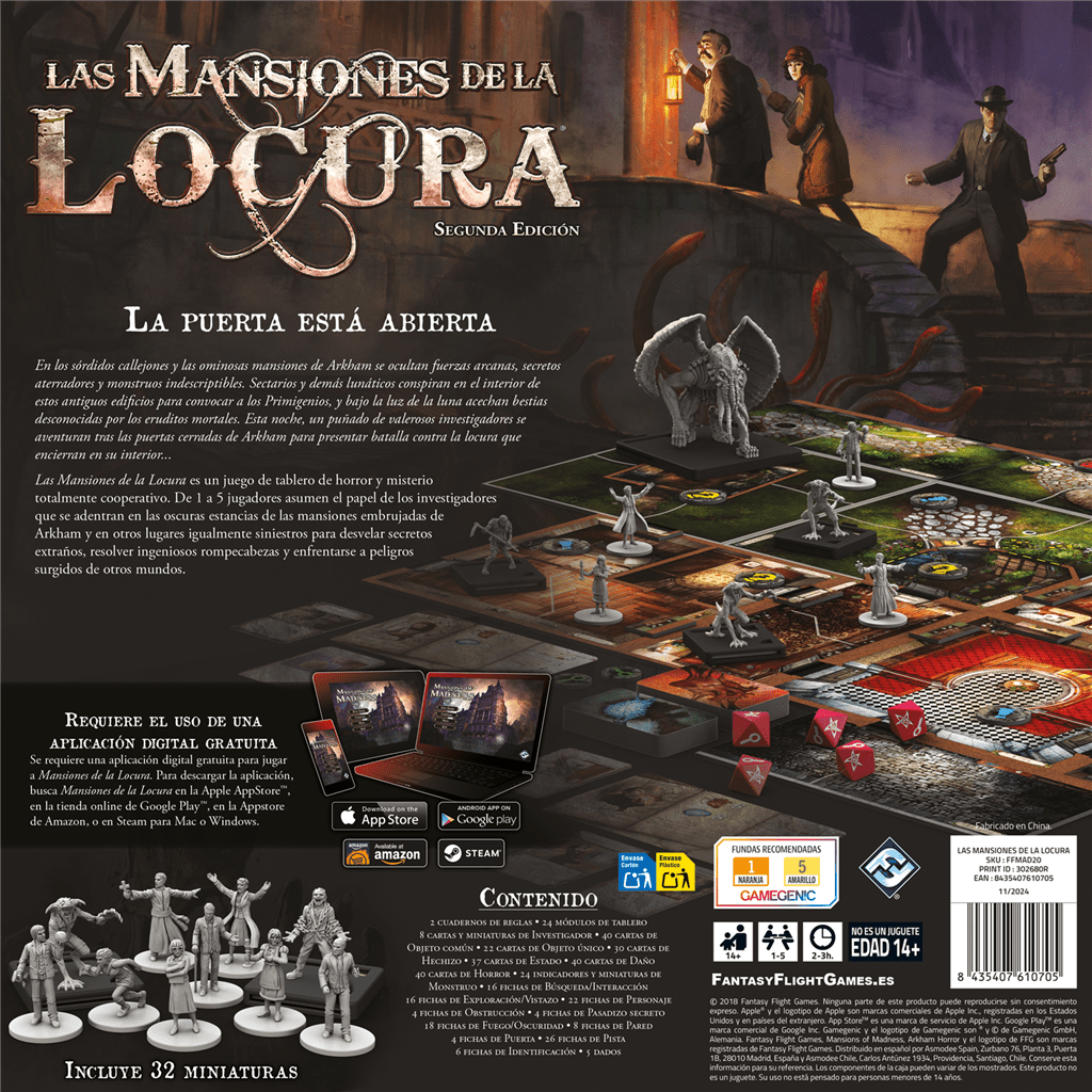 Caja trasera de Las Mansiones de la Locura Segunda Edición con miniaturas, dados y contenido del juego de terror cooperativo