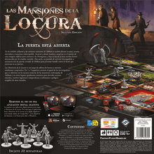 Caja trasera de Las Mansiones de la Locura Segunda Edición con miniaturas, dados y contenido del juego de terror cooperativo