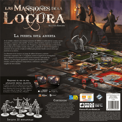 Caja trasera de Las Mansiones de la Locura Segunda Edición con miniaturas, dados y contenido del juego de terror cooperativo