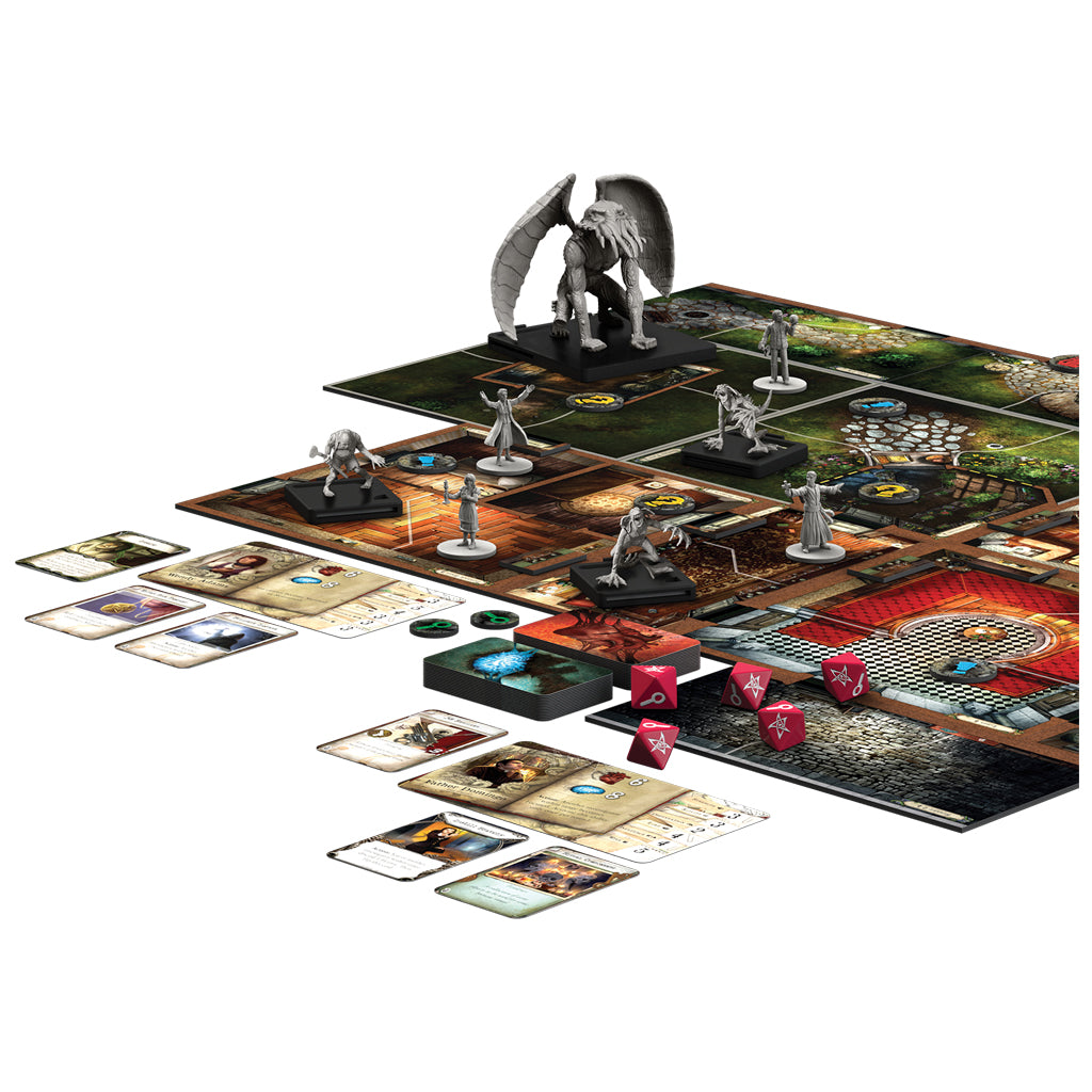 Juego de mesa Las Mansiones de la Locura montado con tablero, cartas, fichas y miniaturas en acción