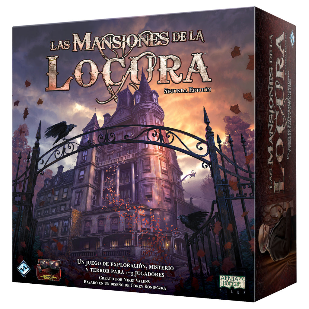 Portada de Las Mansiones de la Locura Segunda Edición con mansión gótica y cuervos para 1-5 jugadores
