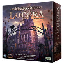 Portada de Las Mansiones de la Locura Segunda Edición con mansión gótica y cuervos para 1-5 jugadores