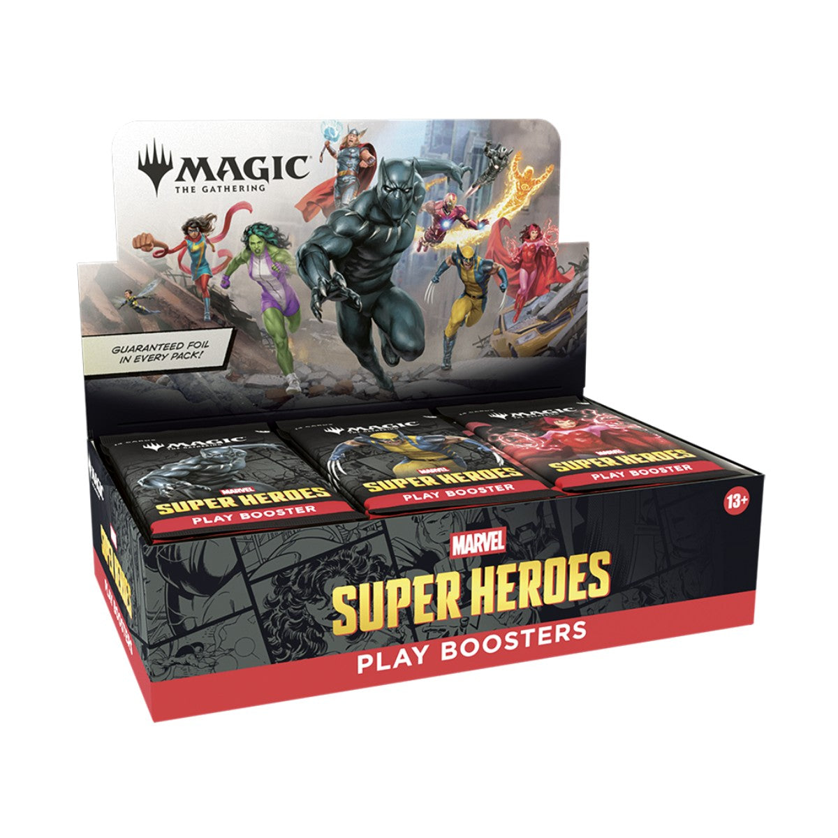 Caja de exhibición Magic: The Gathering Marvel Super Heroes Play Booster con Black Panther, She-Hulk y Thor