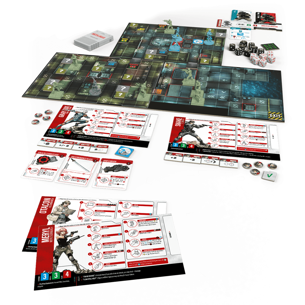 Tablero montado de Metal Gear Solid con miniaturas, dados y cartas en uso
