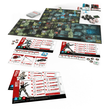Tablero montado de Metal Gear Solid con miniaturas, dados y cartas en uso