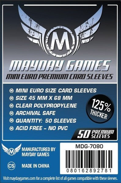 Pack 50 fundas Mayday Games Mini Euro Premium transparentes polipropileno sin PVC