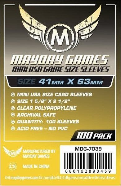 Pack de 100 fundas Mayday Games Mini USA transparentes para cartas de 41x63 mm, polipropileno sin PVC ni ácido