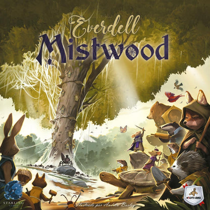 Portada del juego de mesa Everdell Mistwood con ilustración de animales en árbol