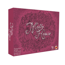 Caja magenta del juego de mesa Molly House con arte lineal detallado y título en cursiva
