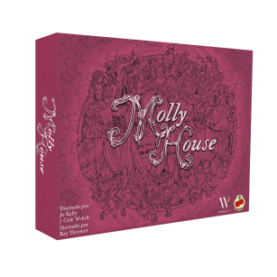 Caja magenta del juego de mesa Molly House con arte lineal detallado y título en cursiva