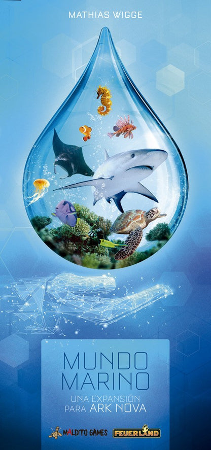 Portada de la expansión Ark Nova Mundo Marino de Maldito Games