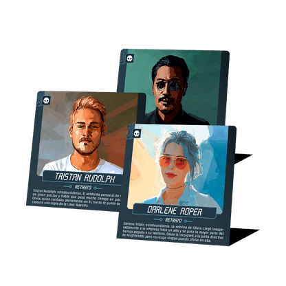 Cartas de personajes Tristán Rudolph y Darlene Roper del juego de misterio