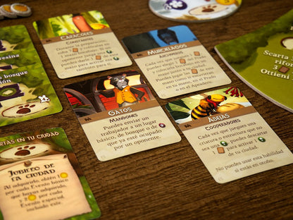 Conjunto de cartas de criaturas como gatos y murciélagos de la expansión Newleaf de Everdell