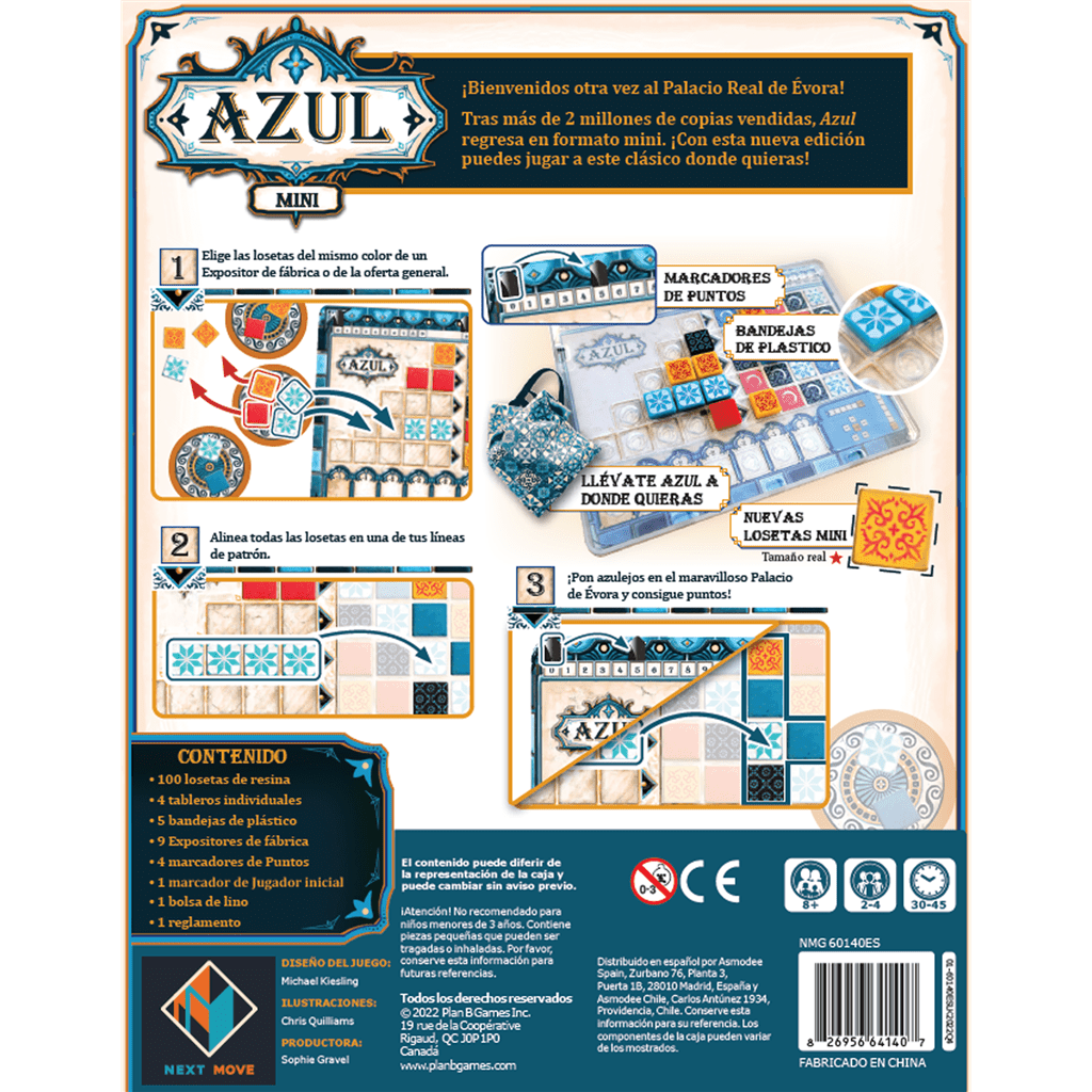 Dorso caja Azul Mini con instrucciones paso a paso y lista de contenido