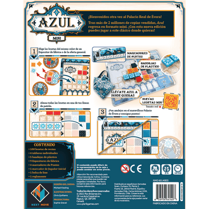 Dorso caja Azul Mini con instrucciones paso a paso y lista de contenido