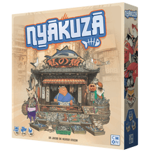Portada del juego de mesa Nyakuza con ilustración de gatos y puesto de pescado
