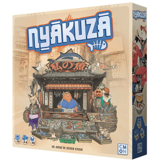 Portada del juego de mesa Nyakuza con ilustración de gatos y puesto de pescado