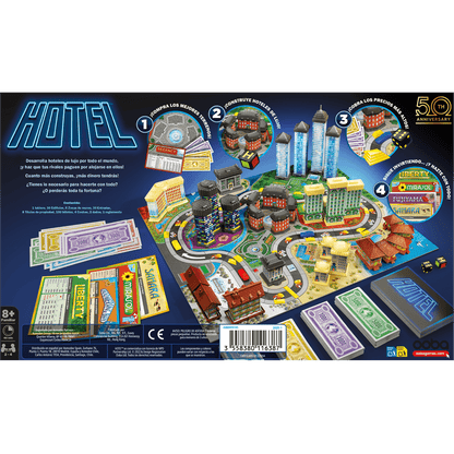 Parte trasera caja juego Hotel Asmodee fases compra terrenos y construcción hoteles