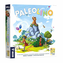 Caja frontal del juego infantil cooperativo Paleolino con mamut y paisaje prehistórico