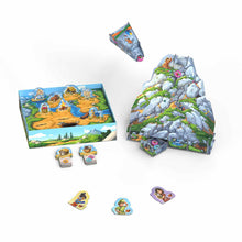Juego cooperativo Paleolino con montaña tridimensional y fichas de recursos para niños