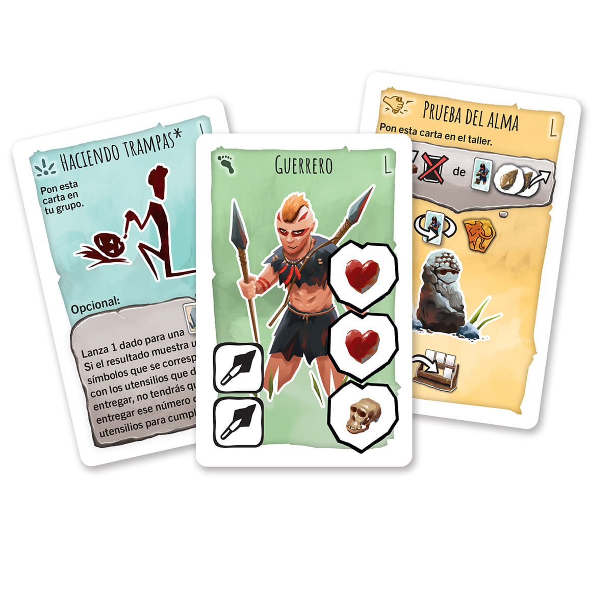 Cartas del juego de mesa Paleo Ritos de Iniciación mostrando personajes guerreros y pruebas