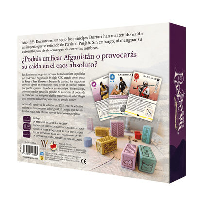 Vista trasera de la caja de Pax Pamir con componentes y cartas históricas