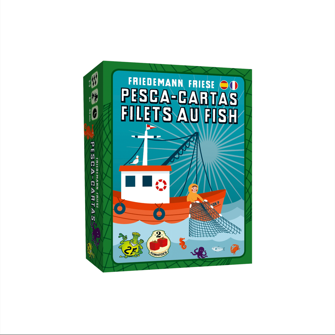 Caja del juego de mesa Pesca-Cartas con ilustración de barco pescador naranja lanzando red al mar