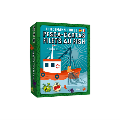 Caja del juego de mesa Pesca-Cartas con ilustración de barco pescador naranja lanzando red al mar