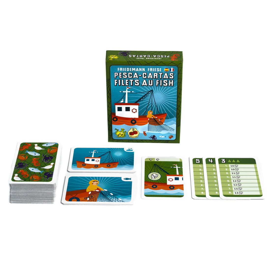 Componentes completos del juego de cartas Pesca-Cartas: baraja, fichas verdes y cartas de acción sobre fondo blanco