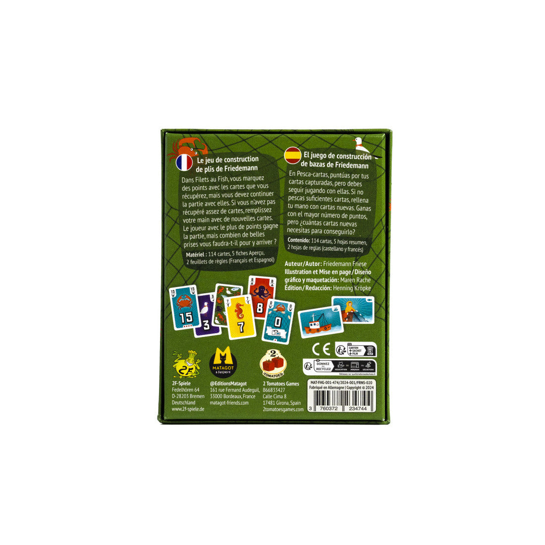 Parte trasera de la caja verde del juego de mesa Pesca-Cartas con instrucciones en español y logotipos de editores