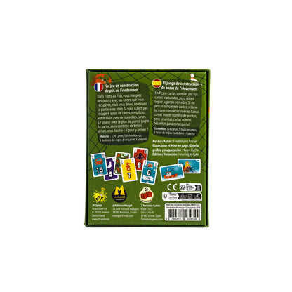 Parte trasera de la caja verde del juego de mesa Pesca-Cartas con instrucciones en español y logotipos de editores