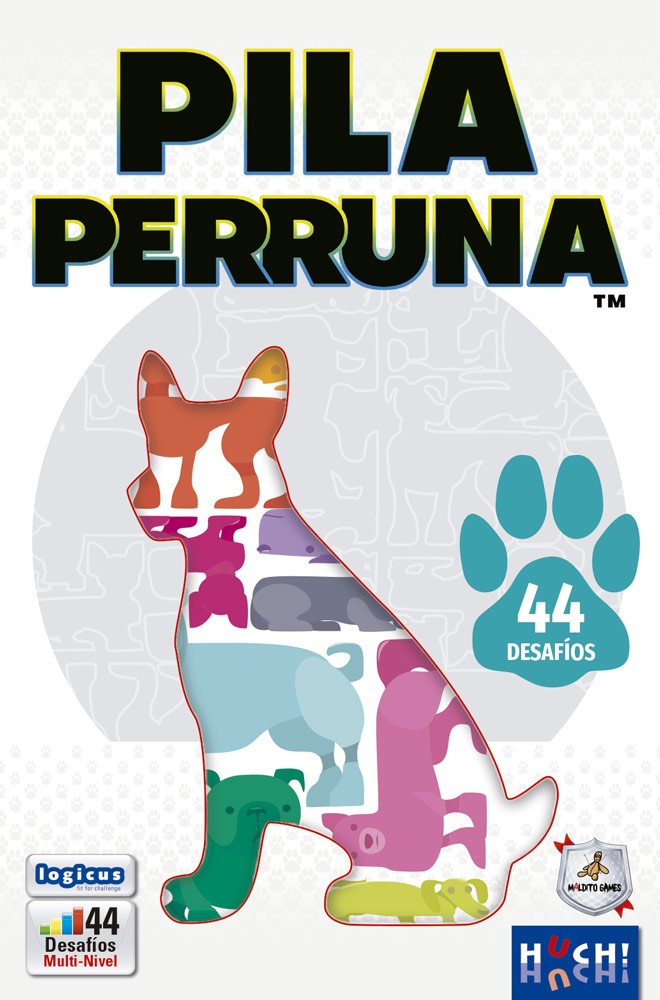 Portada del juego de lógica Pila Perruna con silueta de perro roja y 44 desafíos