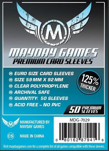 Pack de 50 fundas Mayday Games Premium Euro Size, polipropileno transparente sin PVC ni ácido