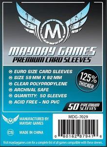 Pack de 50 fundas Mayday Games Premium Euro Size, polipropileno transparente sin PVC ni ácido
