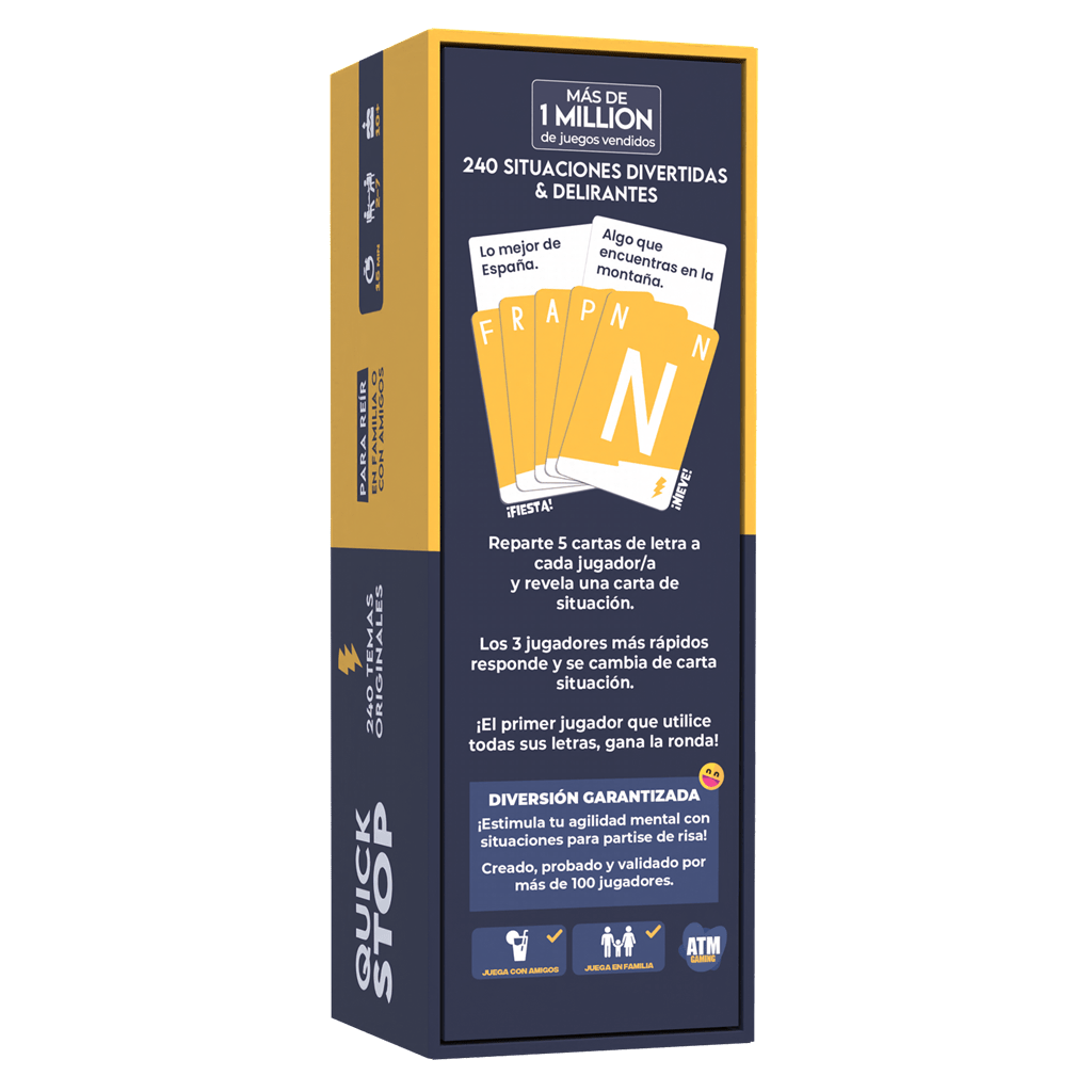 Caja juego de cartas Quick Stop con diseño amarillo y azul, incluye 240 situaciones divertidas para jugar en familia