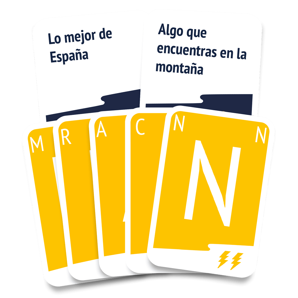 Cartas del juego Quick Stop con letras grandes y temas originales sobre fondo blanco