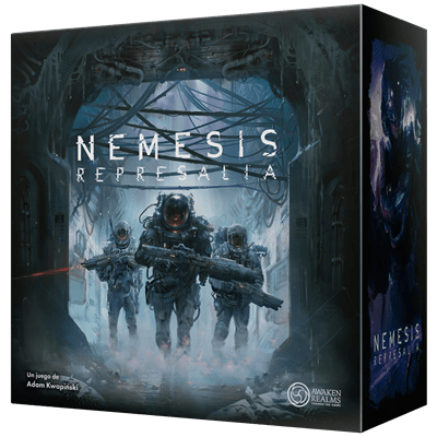 Caja del juego de mesa Nemesis Represalia con arte de marines espaciales en entorno hostil