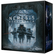 Caja del juego de mesa Nemesis Represalia con arte de marines espaciales en entorno hostil