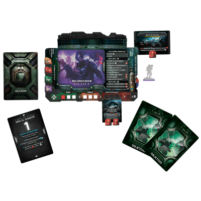 Componentes de Nemesis Represalia: miniatura, dados rojos y cartas tácticas de juego de mesa cooperativo